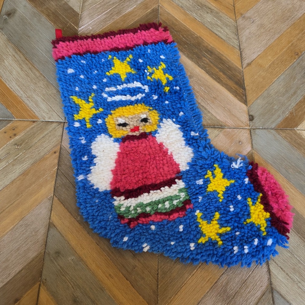 Christmas Stocking Angel Bright Colors Yarn Latch Hook Large 21" x 10" Holiday
